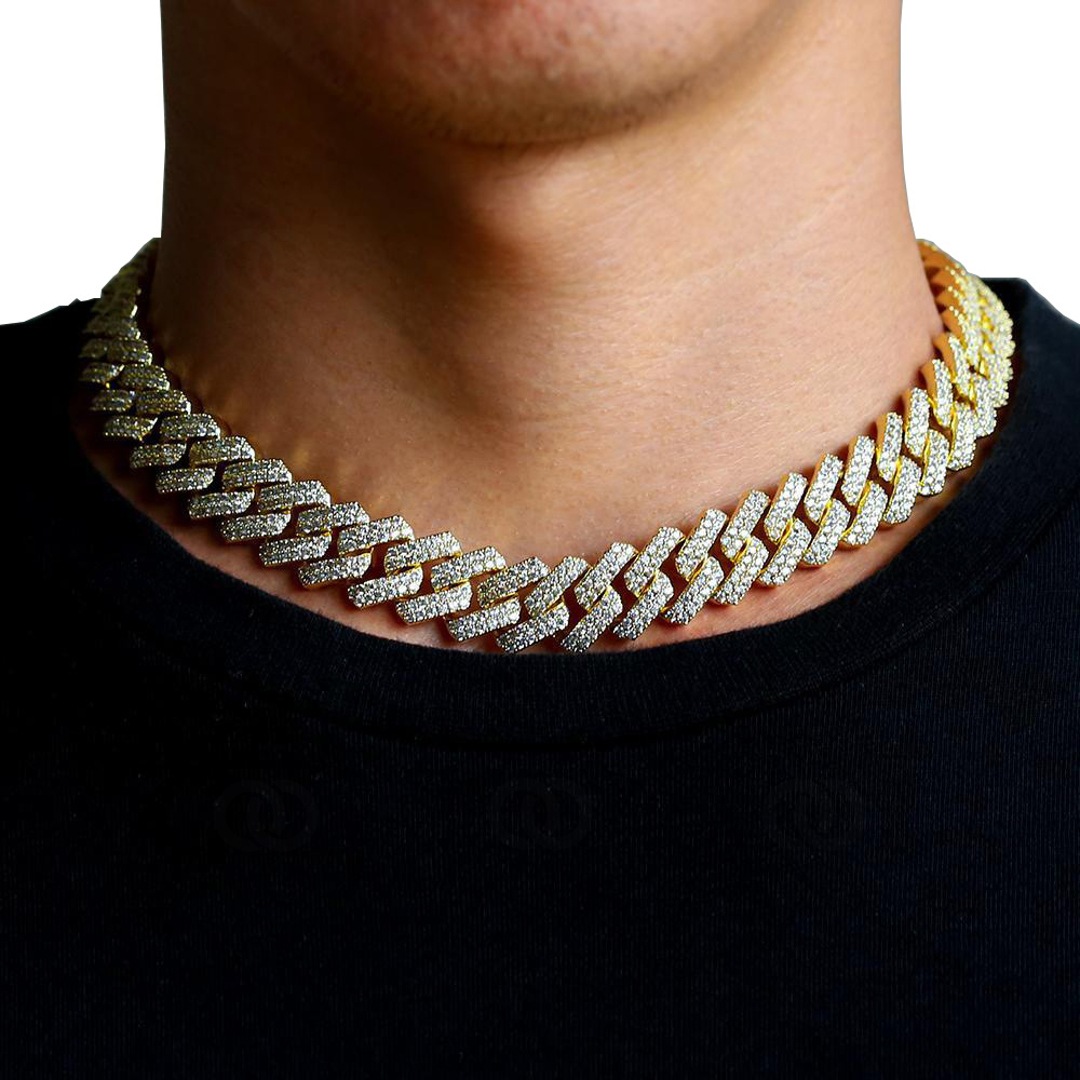 12mm Prong Cuban Link Panzerkette Gelb vergoldet mit Zirkonia