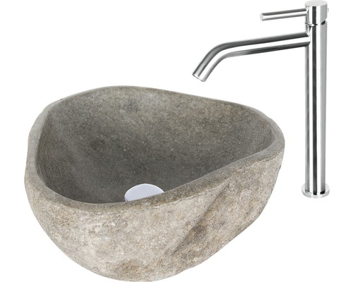 Opzetwastafel, Lombok, ca. 50 cm, natuursteen Riverstone, grijs mat, 36.102.03