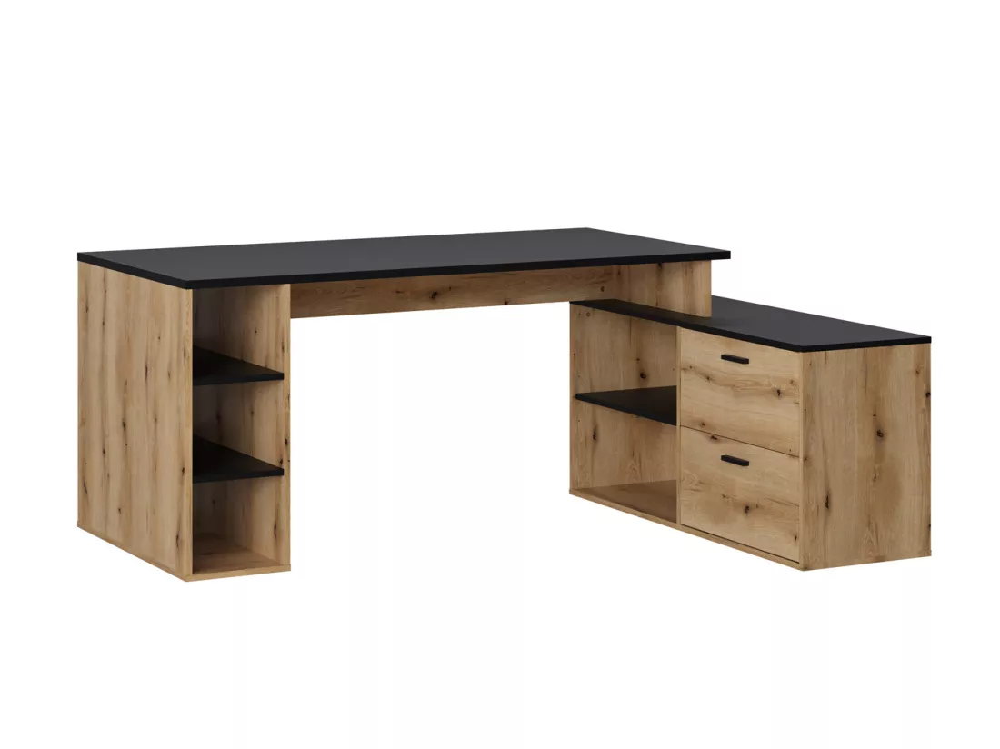 Bureau d'angle en mélamine coloris imitation chêne rustique / noir - Longueur 183 x profondeur 141 x Hauteur 75 cm