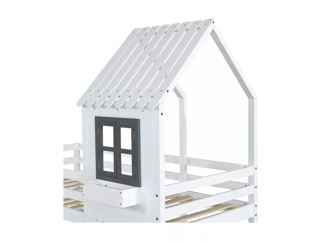 KOMHTOM Lit Superposé, 90x200cm Lit de Maison avec Clôtures et Échelle à Main Courante, Lit Cabane en Bois avec Sommier à Lattes, Cadre de Lit(sans Matelas)