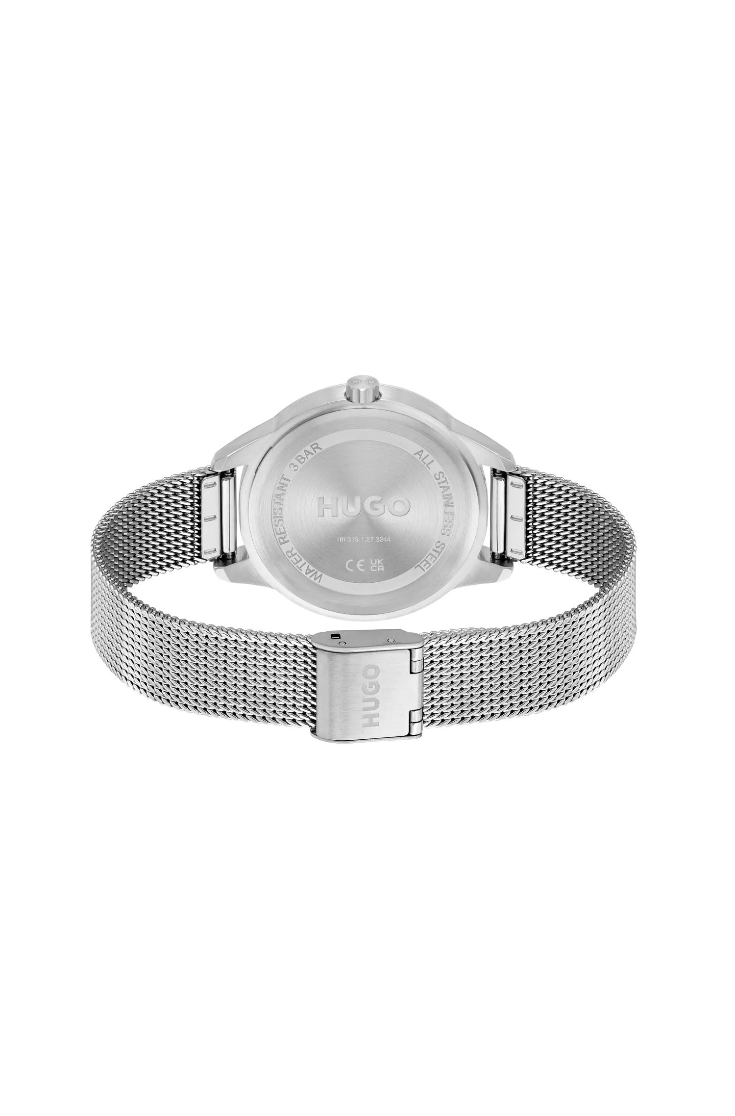 Relógio HUGO com pulseira de malha vermelha e mostrador com efeito dourado-cravo.