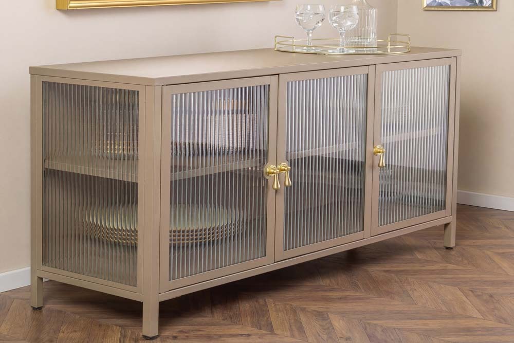 Modernes Sideboard AMSTERDAM 105cm greige gold Riffelglas Metall Vitrine Schrank