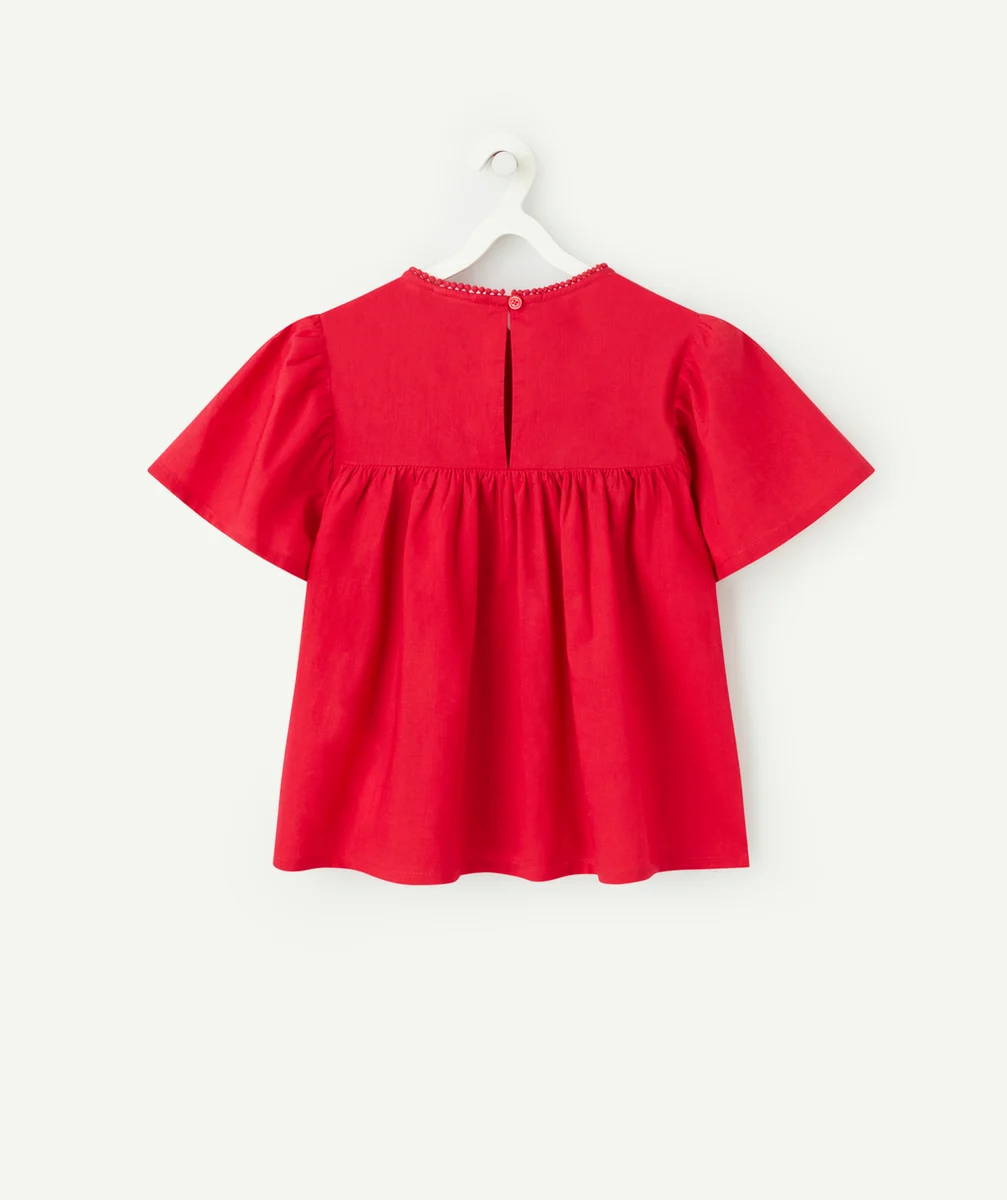 blouse manches courtes fille rouge avec broderies