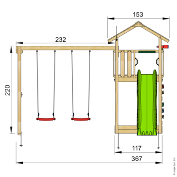 Speeltoestel Jungle Gym Cottage grenen geïmpregneerd met glijbaan groen en 2-schommel module