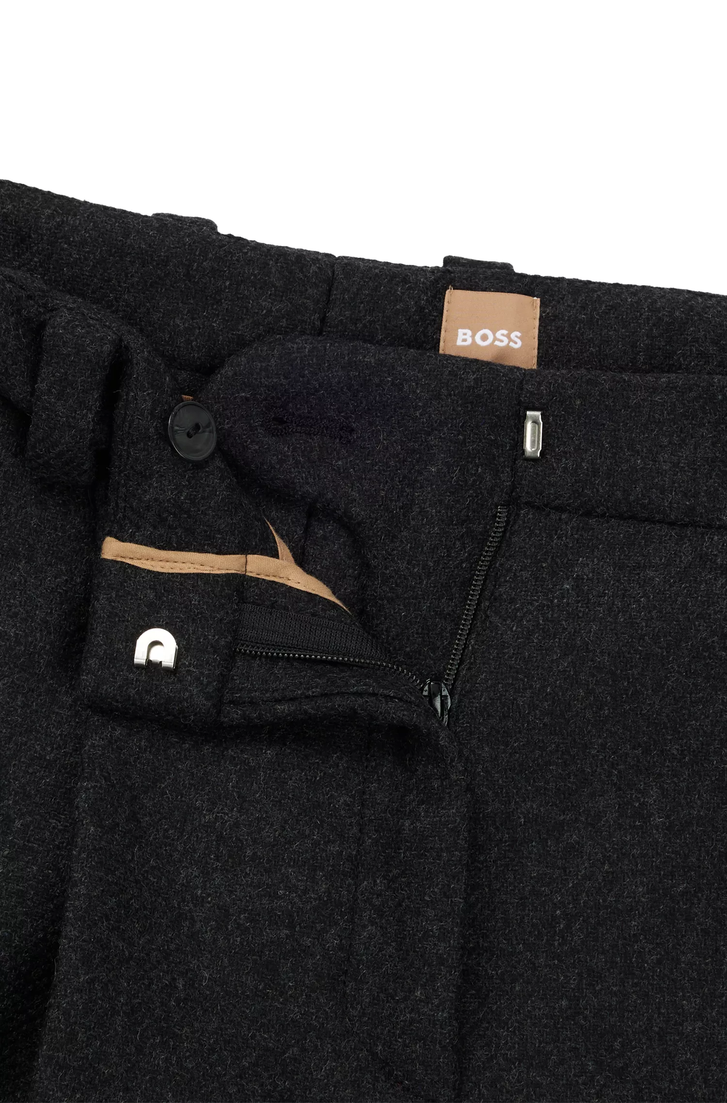 Calças BOSS pretas de corte relaxado em mistura de lã com cashmere.