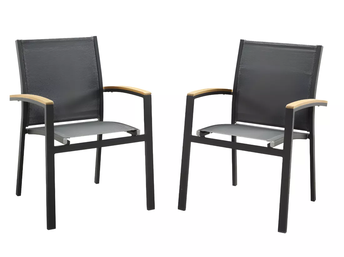 Salle à manger de jardin en aluminium : une table extensible L.180/240cm et 8 fauteuils empilables avec accoudoirs acacia - Anthracite - NAURU de MYLIA