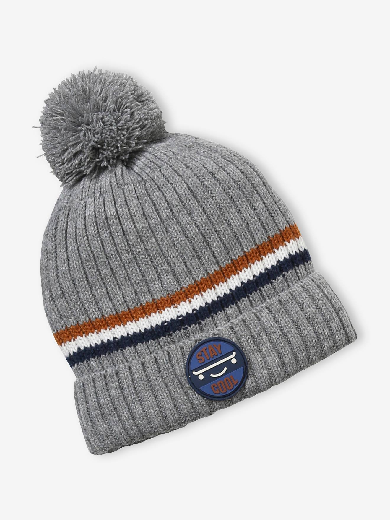 Conjunto de gorro canelado, cachecol tubular e luvas para meninos, azul escuro bicolor/multicolorido