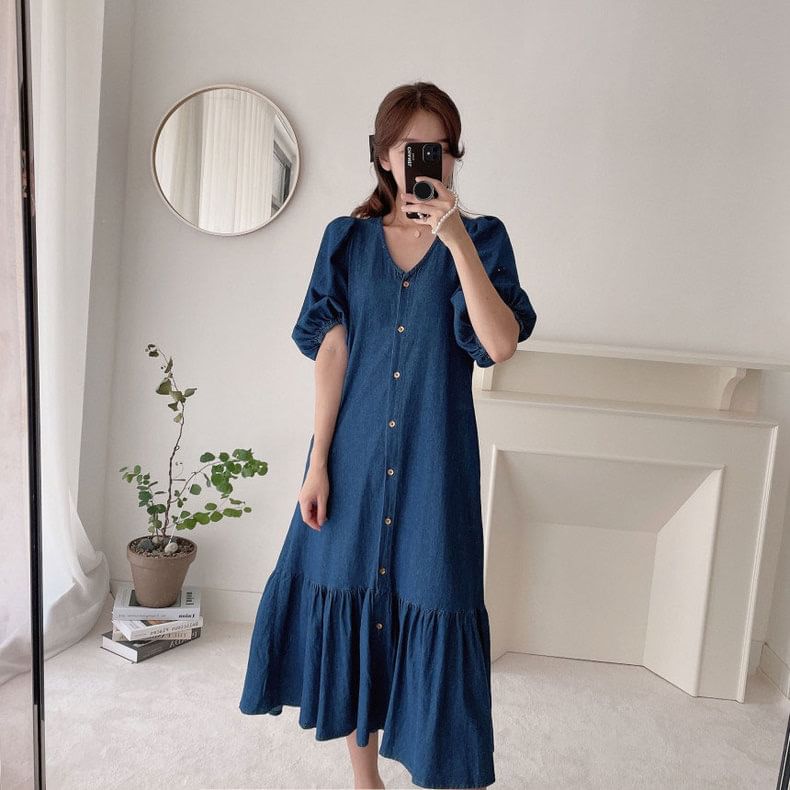 Inchioh - Midi-jurk met pofmouwen en V-hals van denim