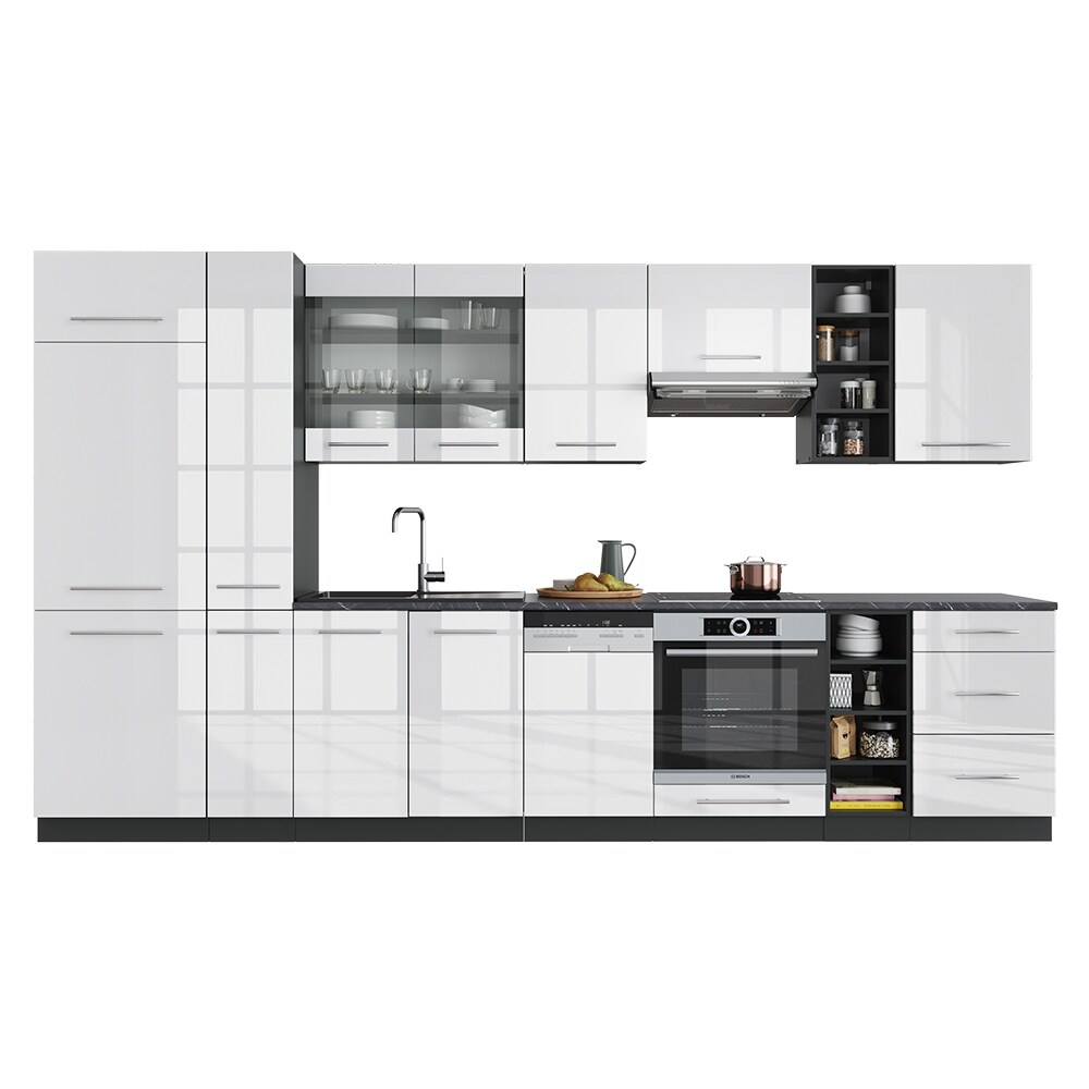 Vicco Küchenzeile Küchenblock Einbauküche 355cm Fame-Line Weiß Hochglanz