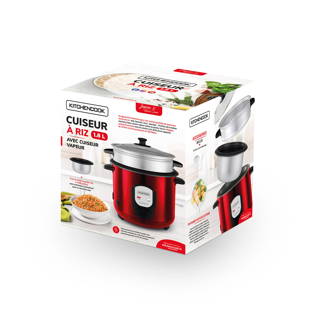 Kitchencook Cuiseur à riz 1.8l avec panier vapeur japan rouge