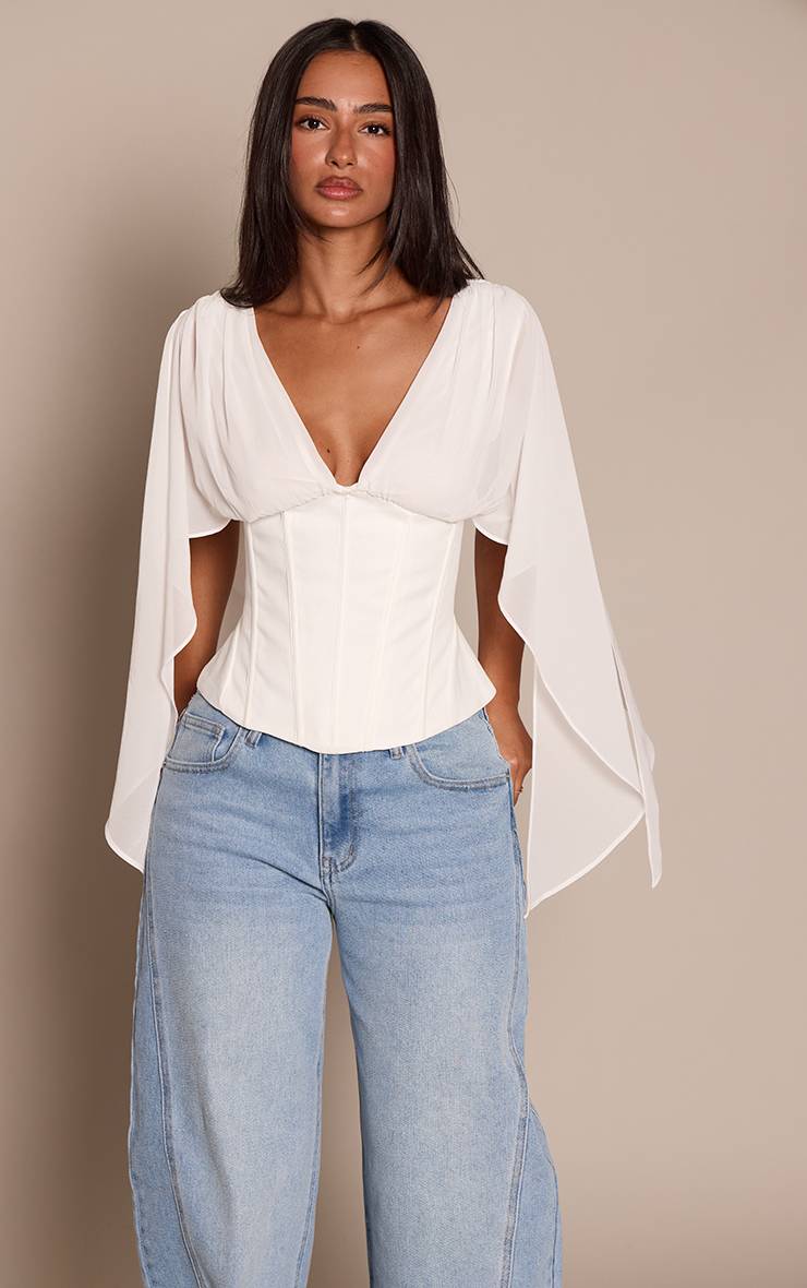 Blanc Haut Petite En Mousseline À Manches Drapées Et Taille Corset