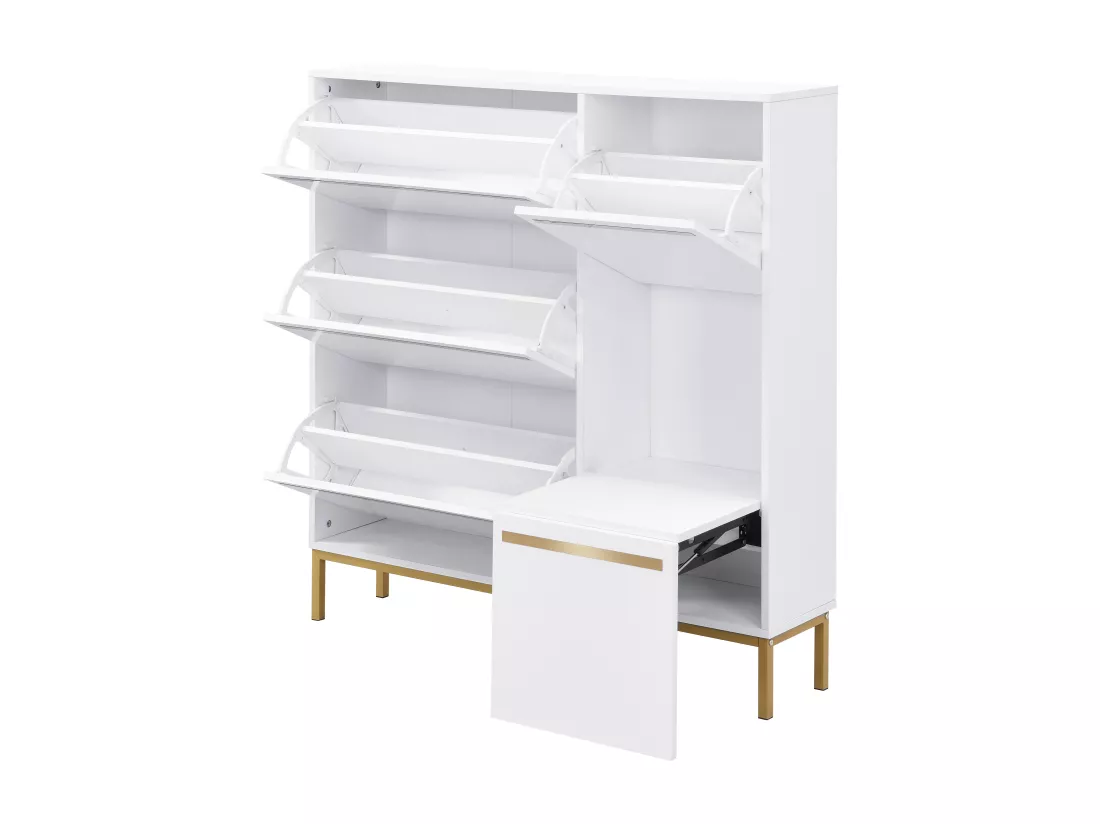 Meuble à chaussures avec banc pliable - 3 portes abattantes - Blanc & Doré