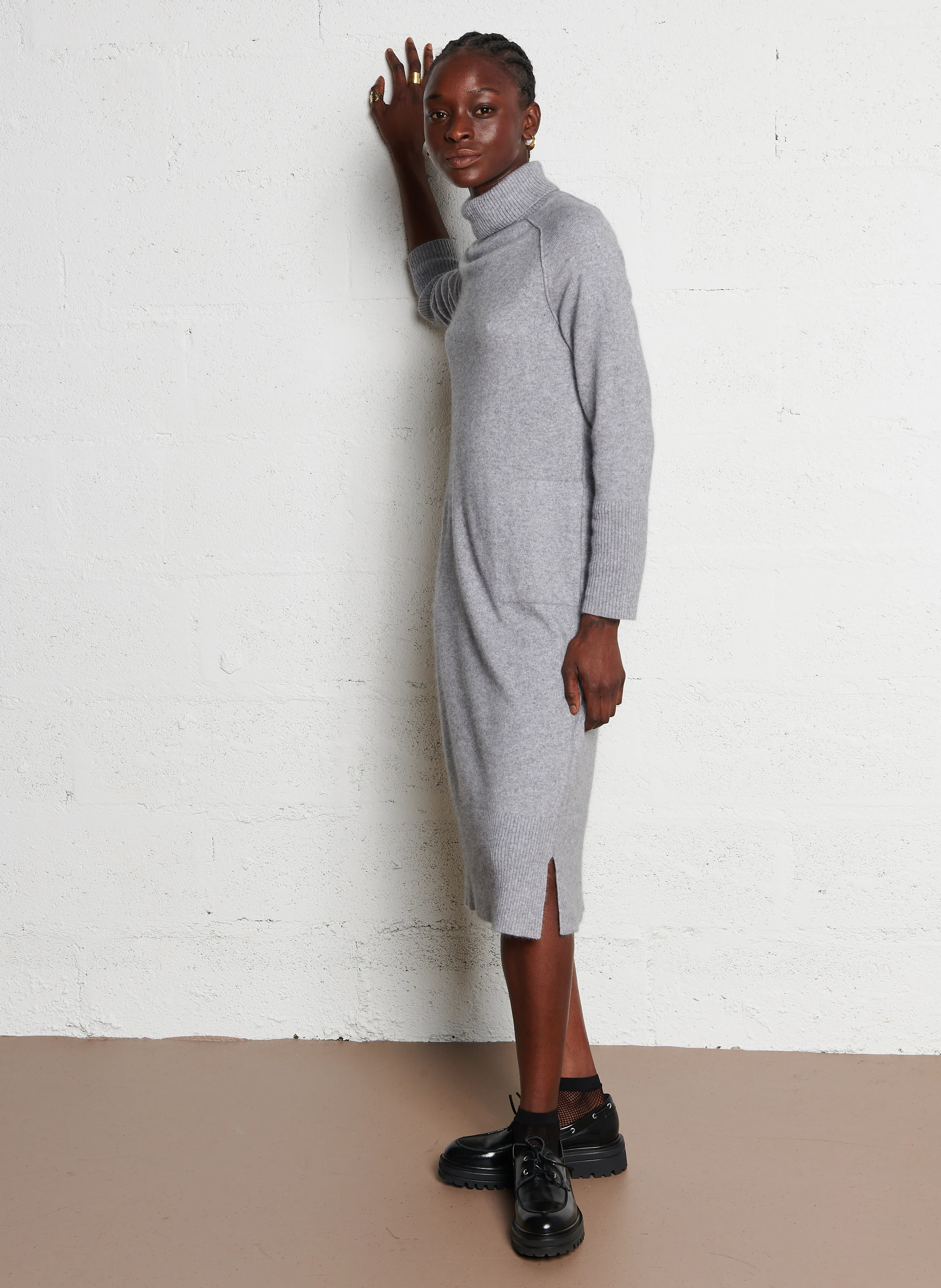 LOU - Robe pull midi col roulé en laine mélangée| Gris
