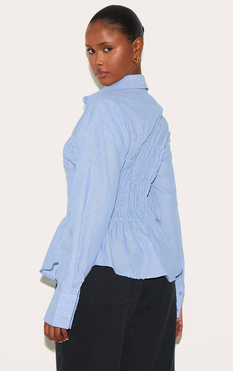 Bleu Chemise Cintrée À Rayures Froncées