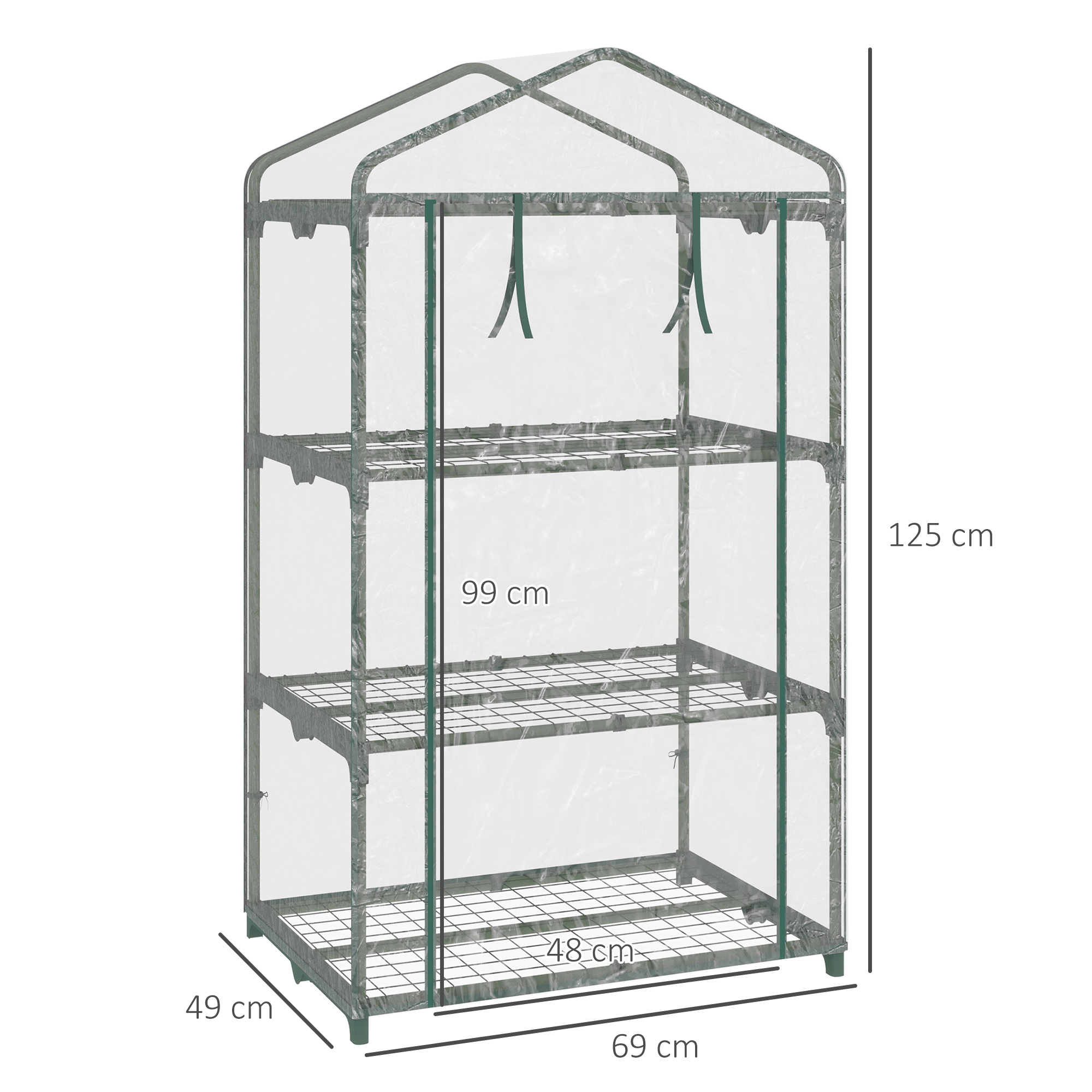 Estufa de jardim Outsunny com 3 prateleiras de metal e porta de enrolar, ideal para cultivo de plantas, flores e vasos em pátios externos, 69x49x125 cm, transparente.