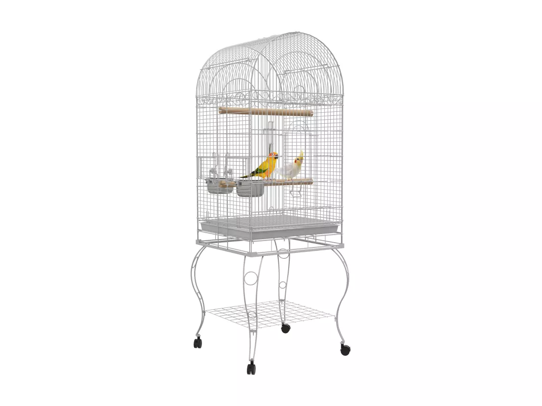 Cage à oiseaux volière sur roulettes - étagère, grille, plateau amovible, 2 bols acier inox, perchoir - acier blanc