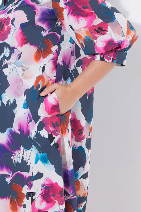 Lyocell-Midikleid, Aquarell, A-Linie, V-Ausschnitt, 3/4-Arm, schneeweiß