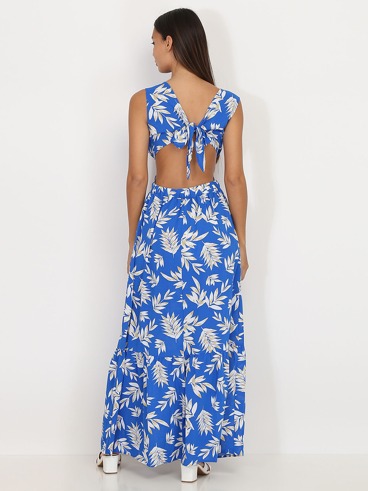 Robe cut out à imprimé feuilles- Bleu