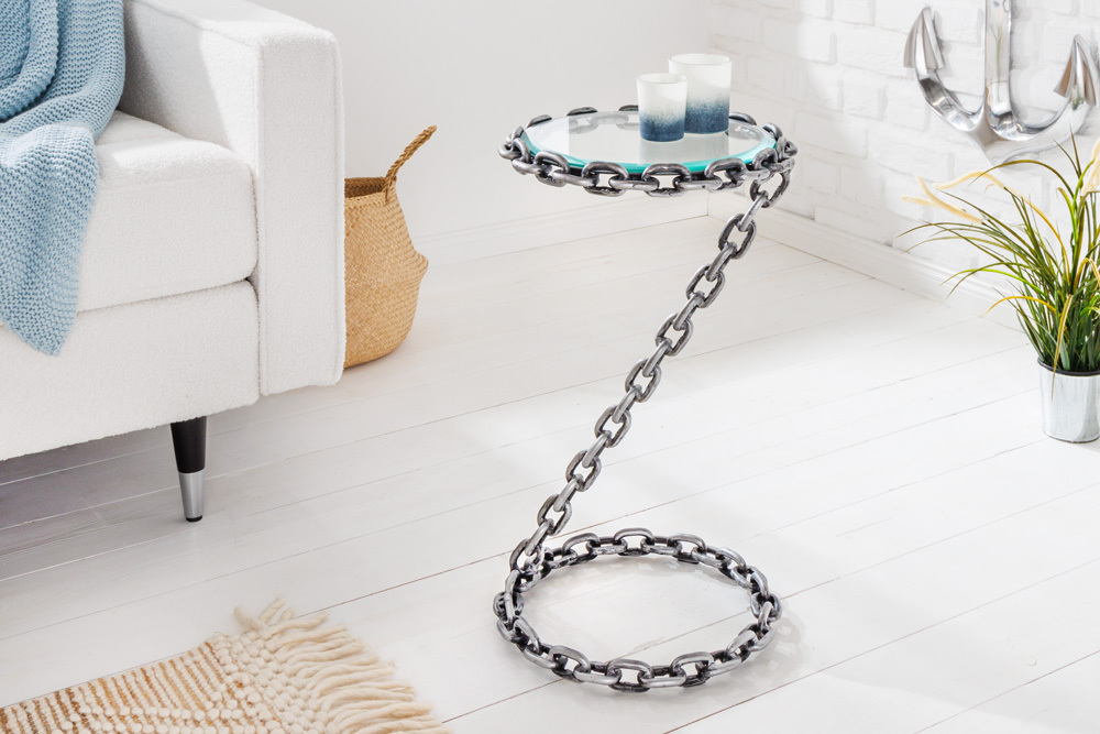 Design Beistelltisch CHAINS 35cm silber handmade Metall rund Glasplatte Kettengestell
