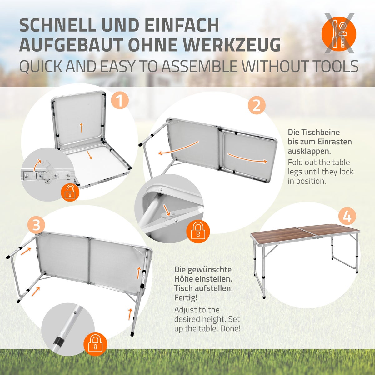 ECD Germany Campingtafel, Opvouwbare tafel met handgreep, 120x60x55/63/70 cm, Bruin, Gemaakt van aluminium en MDF-houtdecor, Hoogte verstelbaar, Opvouwbaar - Opvouwbare tafel, Tuintafel, Balkontafel, Reistafel, Werktafel