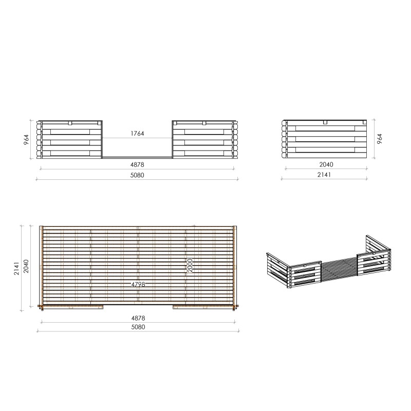 Abri de jardin en bois - 5x4 m - 30 m2 + terrasse avec balustrade et avant-toit en bois