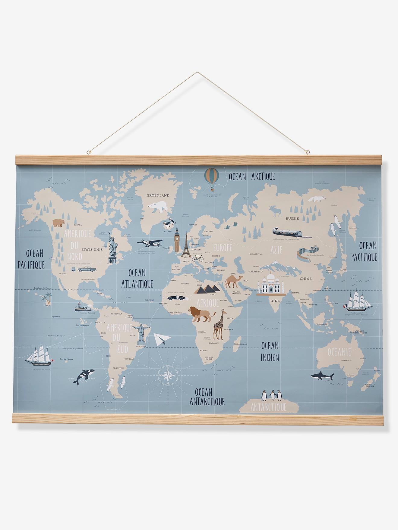 Mapa Mundi Decorativo de Parede, Azul Médio, Bicolor/Multicolorido