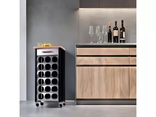 Étagère porte bouteilles à roulettes, 93*43*30 cm - Noire, Inox, Orme - capacité 18 bouteilles, BACUS