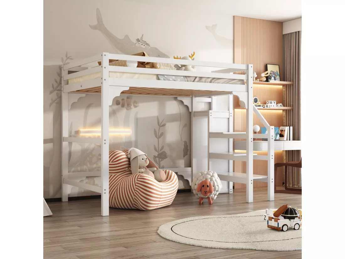 Lit mezzanine 140x200cm, lit d'enfant avec sommier à lattes, escalier avec armoire de rangement, anti-chute, blanc
