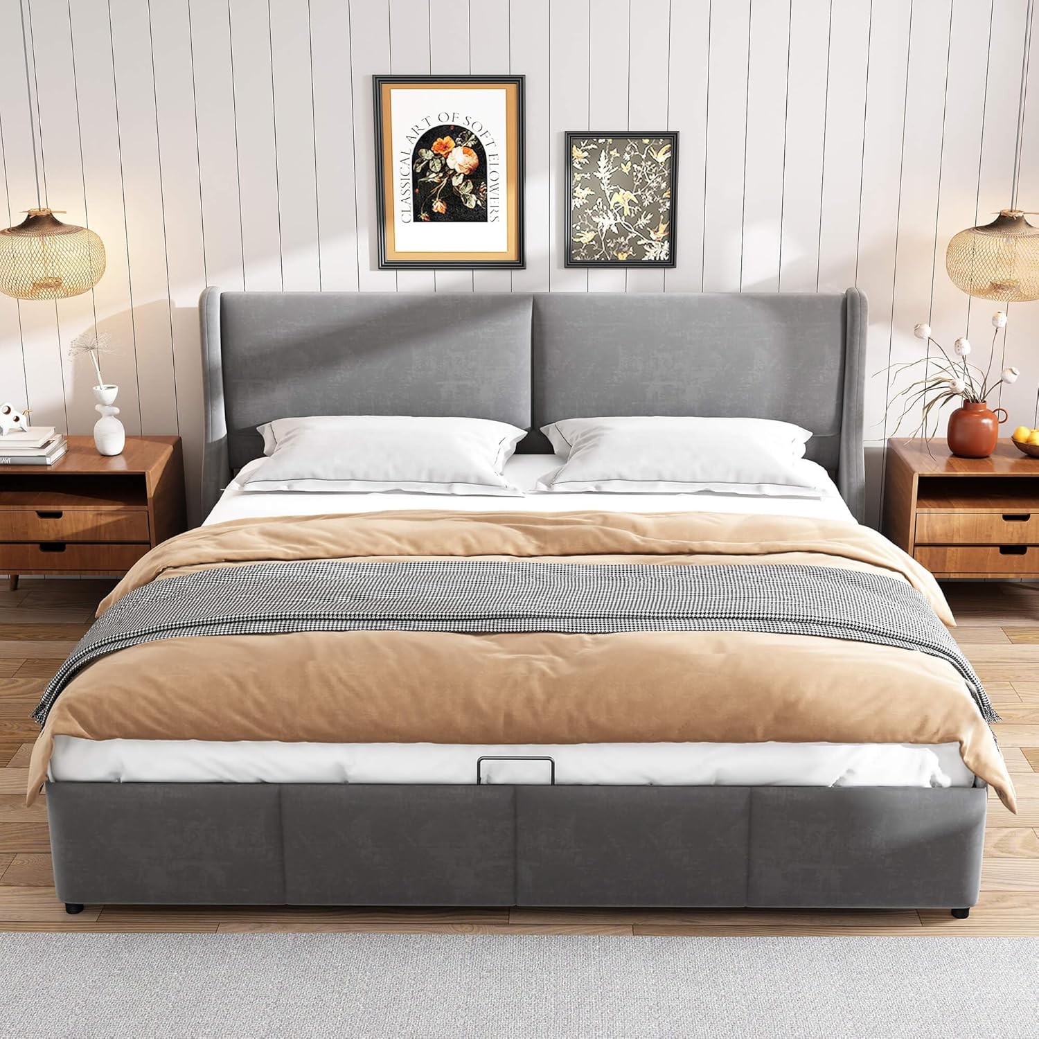 Boxspringbett Polsterbett 140x200cm mit Lattenrost Bettgestell aus Metallrahmen, Doppelbett Stauraumbett mit Großer Stauraum & Höhenverstellbares Kopfteil, Hydraulisches Funktionsbett, Continentalbett