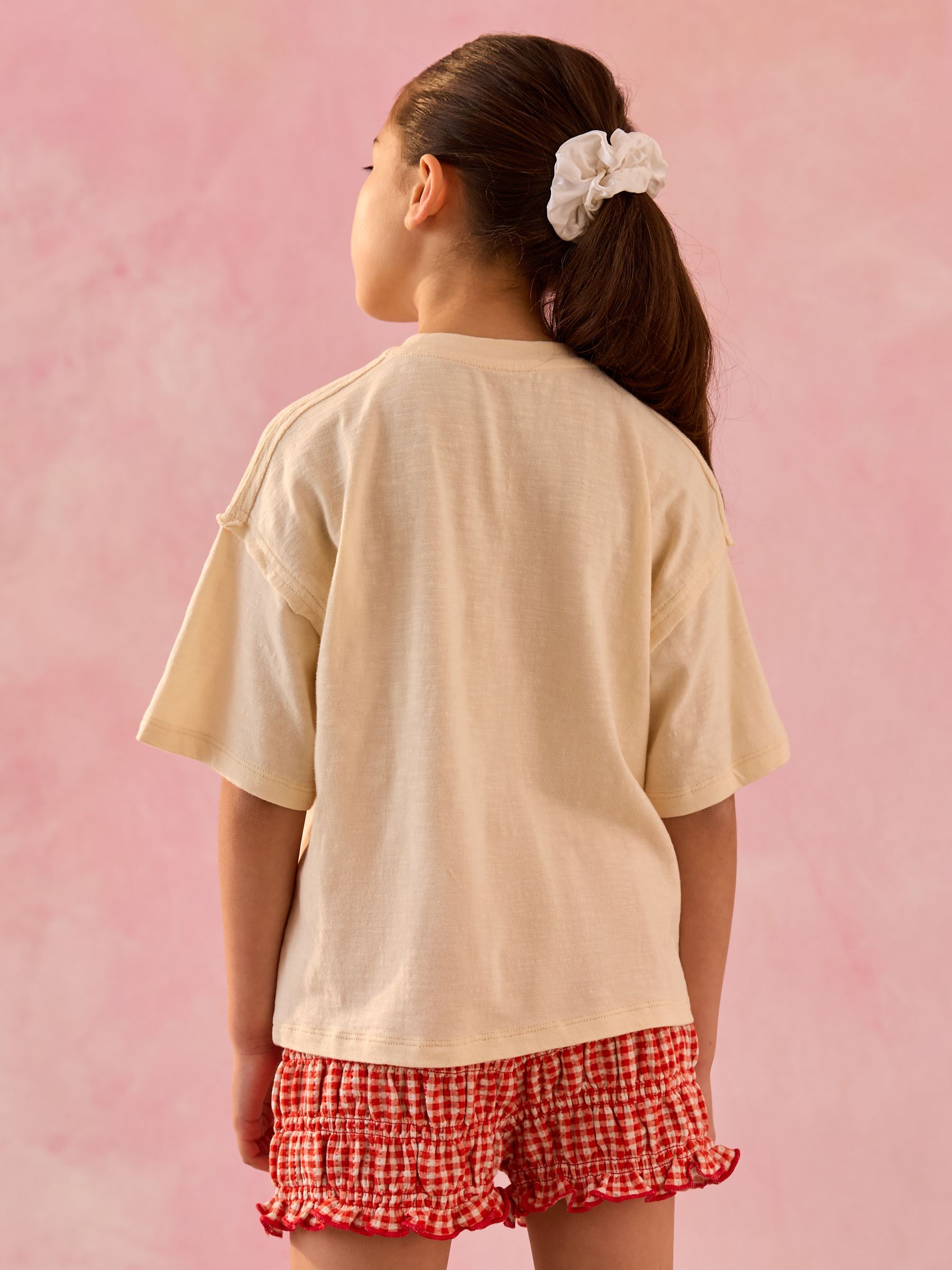 Ecru/rood geruit - Set van T-shirt en bloomer shorts met print (3-15jr)