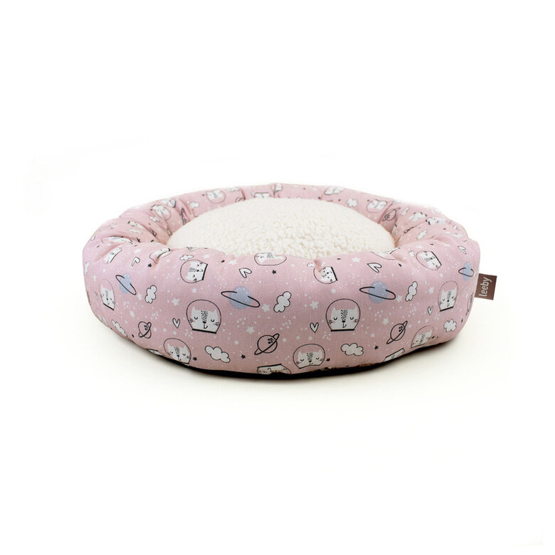 Cama em formato de donut com estampa de quadrinhos antiderrapante da Leeby para gatos, rosa.