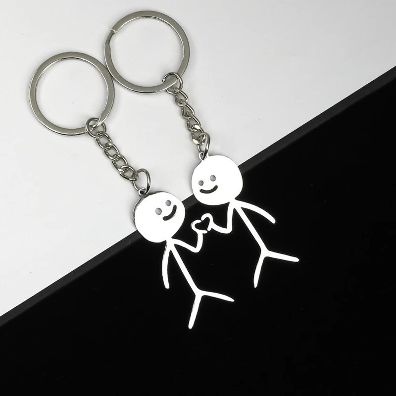 (2er Set) Strichmännchen Herz Schlüsselanhänger Couple Handtaschen Accessoire mit Spaltring für Liebespaare / Freunde - Silber