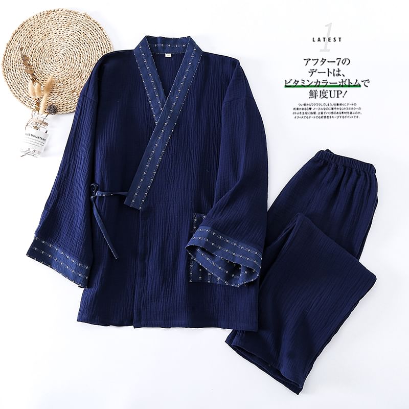 Finlies - Pyjamaset: effen kimonotop met lange mouwen en contrasterende bies + broek