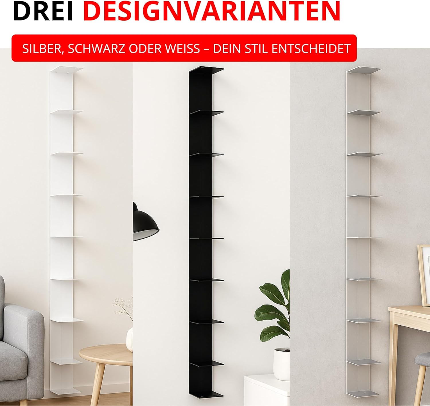 Radius Booksbaum 2 Wand groß Schwarz – Bücherregal aus pulverbeschichtetem Stahl, 15 x 170 x 15,5 cm für ca. 130 Bücher, Tragkraft 6,5 kg je Boden, modernes Wandregal (725A)