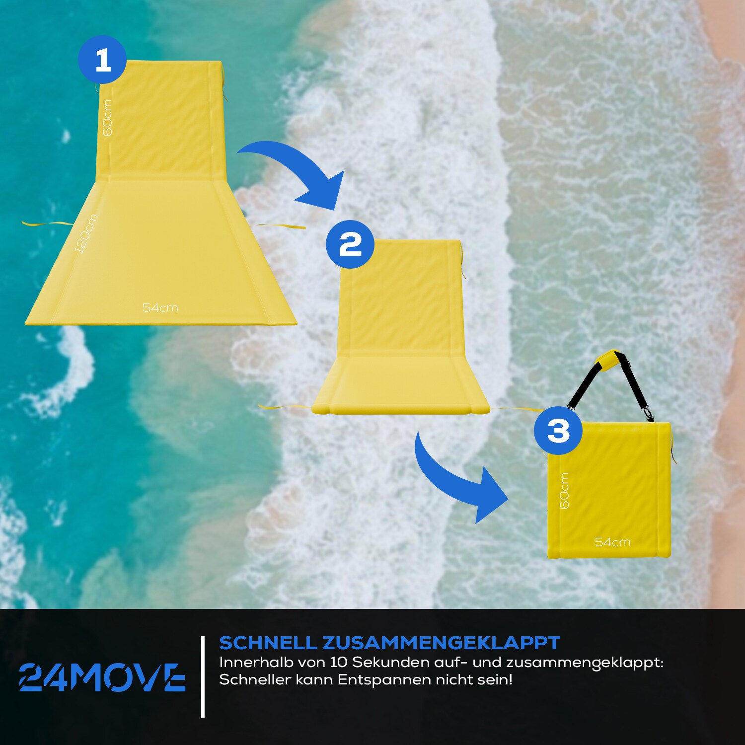 24MOVE® Strandmatte 1er Set klappbar mit Rückenlehne, Strandliege mit Gurt, tragbar für Strand und Garten, Liegematte gelb