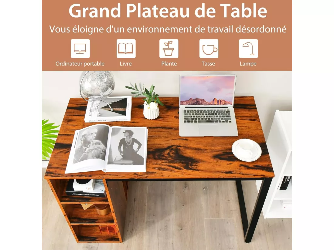 Bureau d'Ordinateur avec Bibliothèque, Bureau Informatique avec 5 Compartiments, Cadre en Métal, Table d'Ordinateur pour Bureau, Chambre, Studio, 115 x 59,5 x 75 cm (Marron Rustique)