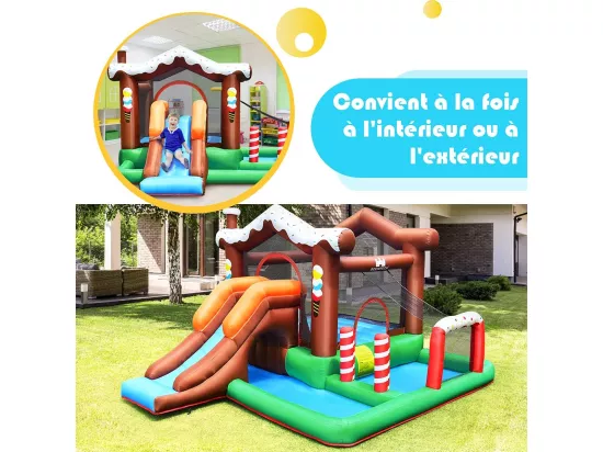 Château Gonflable pour Enfants avec Toboggan Cercle de Basket-Ball Mur d'escalade Filet de Sécurité Sac Design Mignon (sans Souffleur)