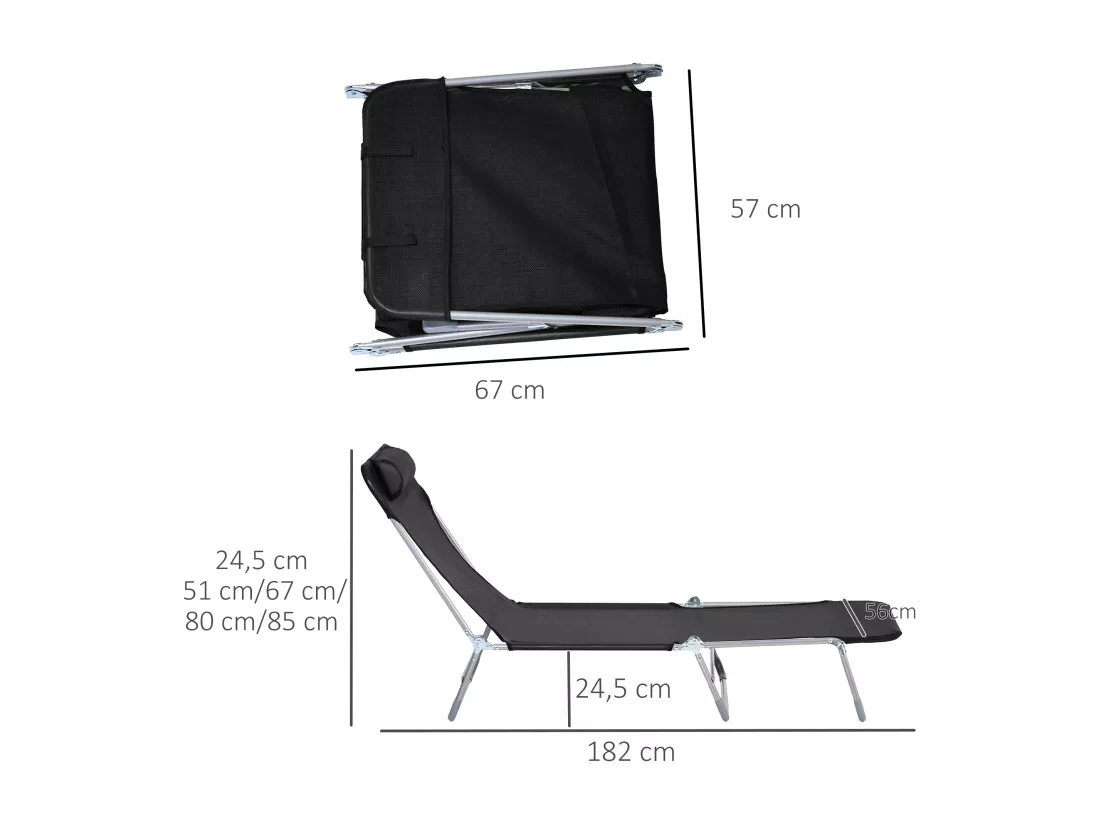 Bain de soleil transat pliable dossier réglable 5 positions acier teslin noir
