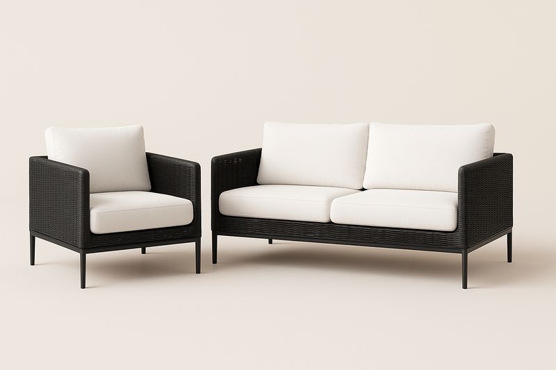Rattan Sitzgruppe mit Polsterung, Schwarz/Weiß, 2-Sitzer Sofa und Sess