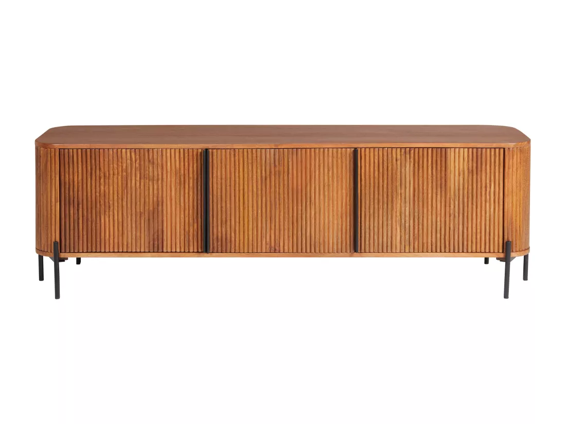 Meuble TV avec 3 portes en bois de manguier et métal - Naturel et noir - BALIMELA