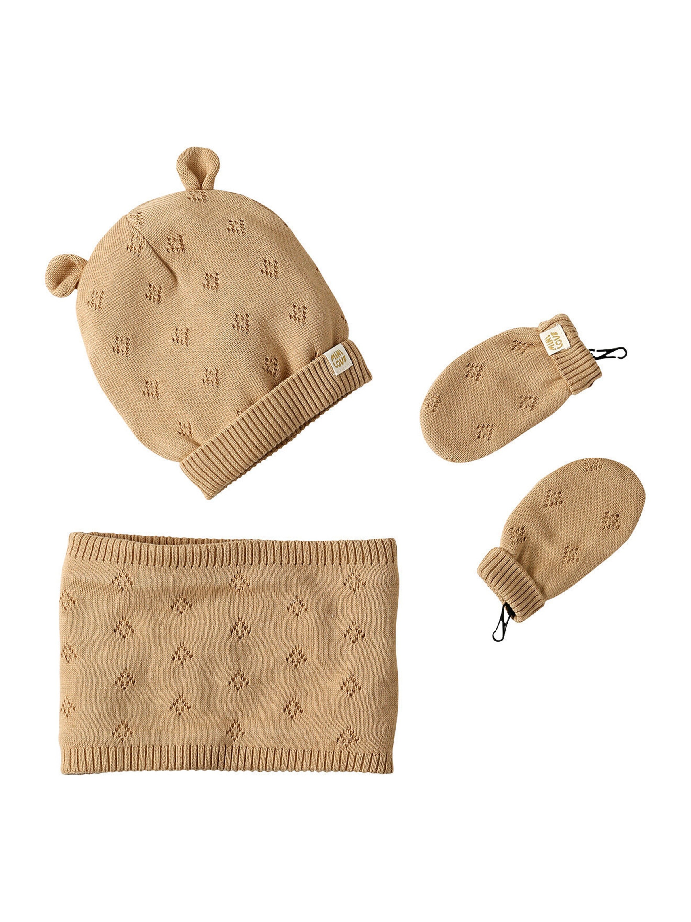 Vertbaudet Mädchen Baby-Set: Mütze mit Ohren, Rundschal & Handschuhe mit Lochmuster beige meliert