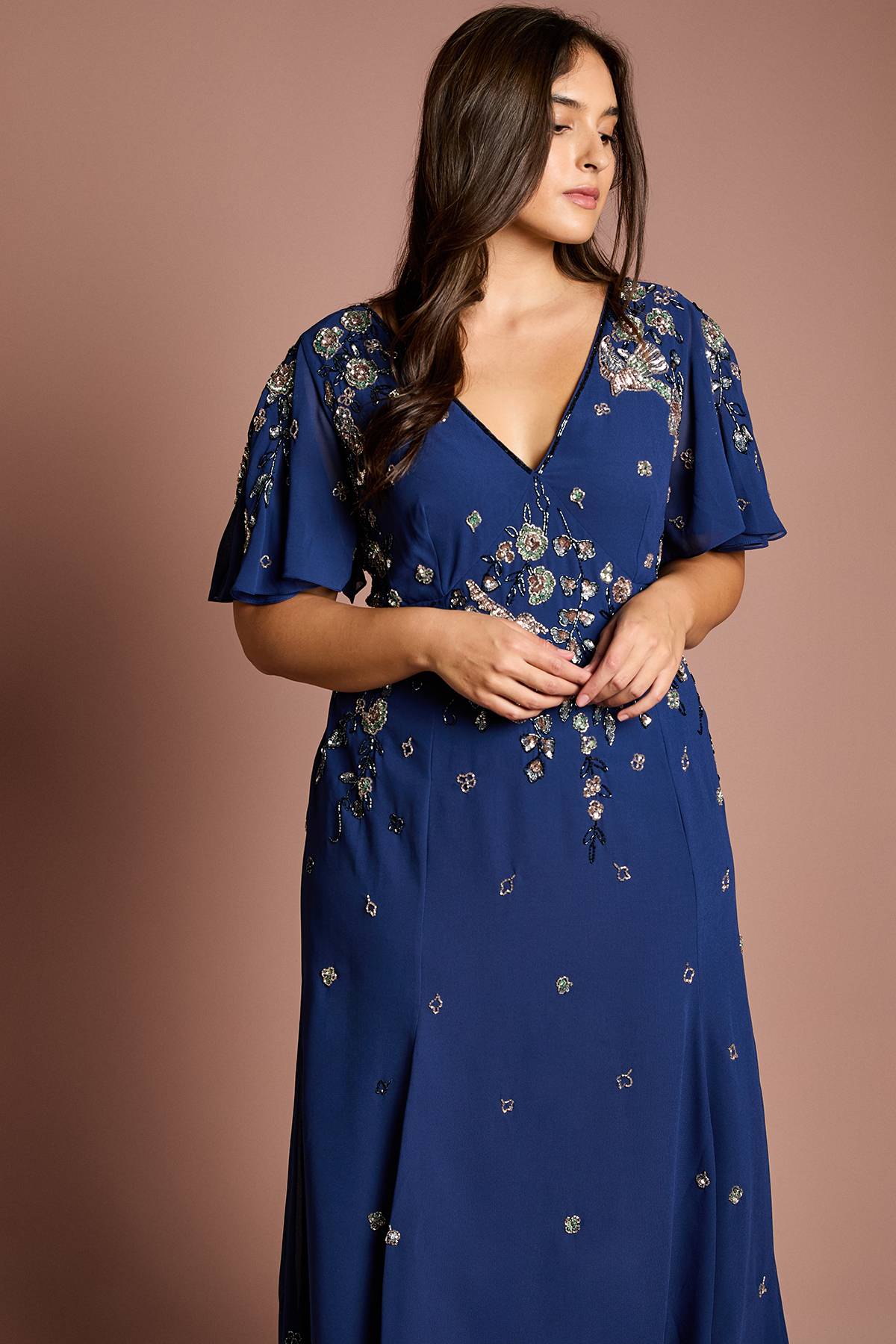 Coast Robe Midi Grande Taille à Manches Volantées et Broderies Florales