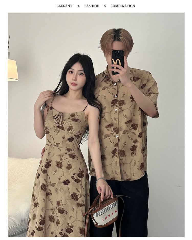 Azure - Koppel bijpassende spaghettibandjes bloemenprint maxi A-lijn jurk / effen bolero / shirt met korte mouwen en kraag
