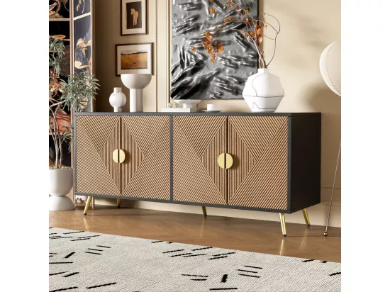 Buffet à quatre portes avec poignées en or brossé et pieds brillants Design symétrique Noir