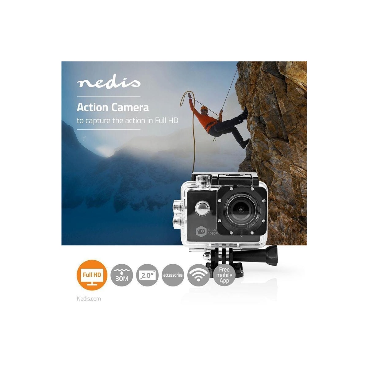 Nedis handling Cam | 1 Skjerm | 1080p@30fps | 12 MPixel | Vanntett opptil: 30.0 m | 90 min | Wi-Fi | App tilgjengelig for: Android™ / IOS | Montering inkludert | Sort