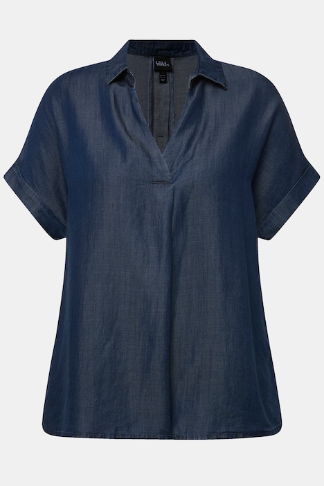 Lyocell-Bluse, Oversized, Hemdkragen, Halbarm