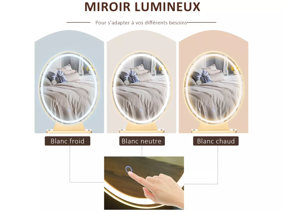 Coiffeuse design - miroir LED intégré - 2 tiroirs + 1 organisateur - tabouret inclus - métal noir MDF banc doré