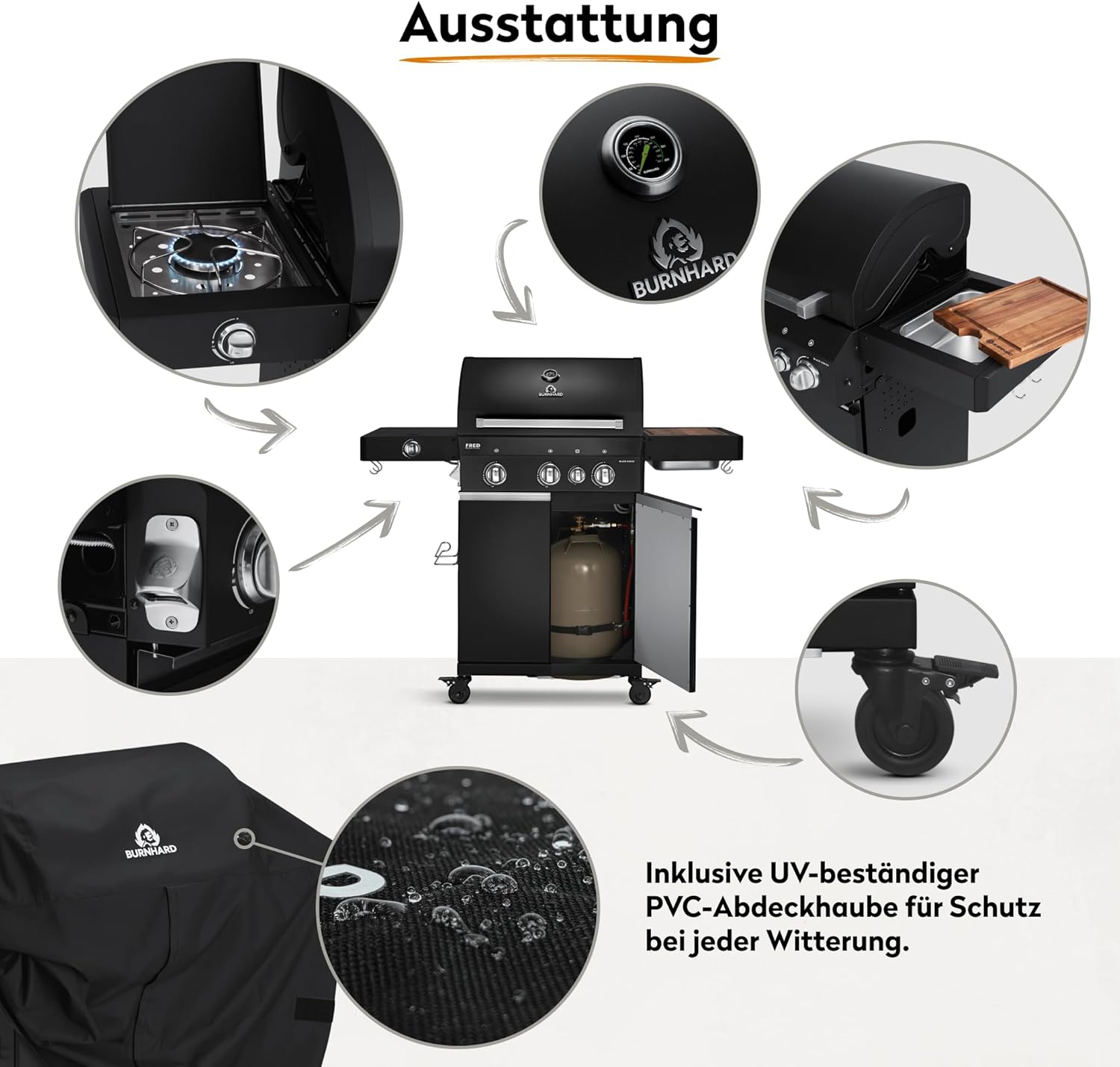 BURNHARD® Gasgrill 3-Brenner inkl. BACKBURNER, 900°C Infrarot-Keramikbrenner, Seitenkochfeld, Gusseisen-Grillrost, Grillabdeckung, Grillwagen, klappbare Seitentische, Schwarz – FRED Deluxe