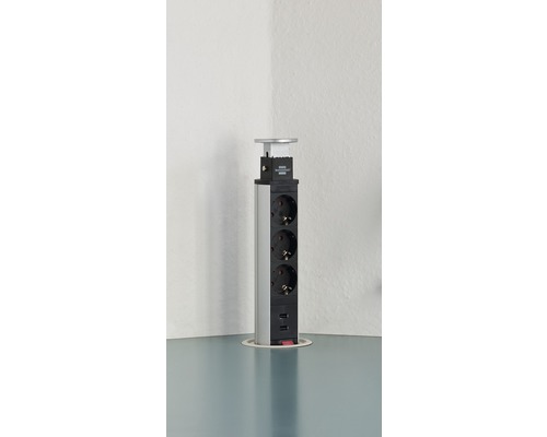 Brennenstuhl uitschuifbare 3-voudige stekkerdoos met USB-torenlader 3G1.5 zilver 2 m