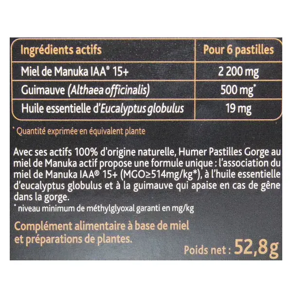 Pastilhas para a garganta Humer com mel de Manuka, indicadas para maiores de 6 anos, 16 pastilhas.